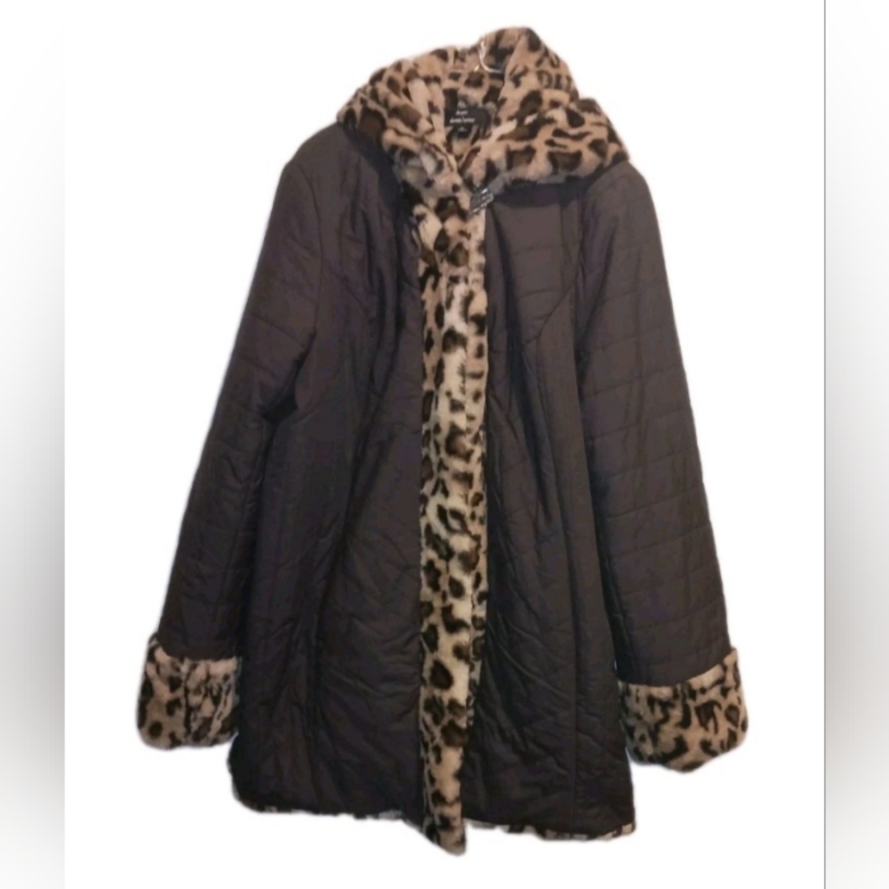 Reversible dennis basso Black Quilted Puffer Coat with Leopard Faux Fur Trim